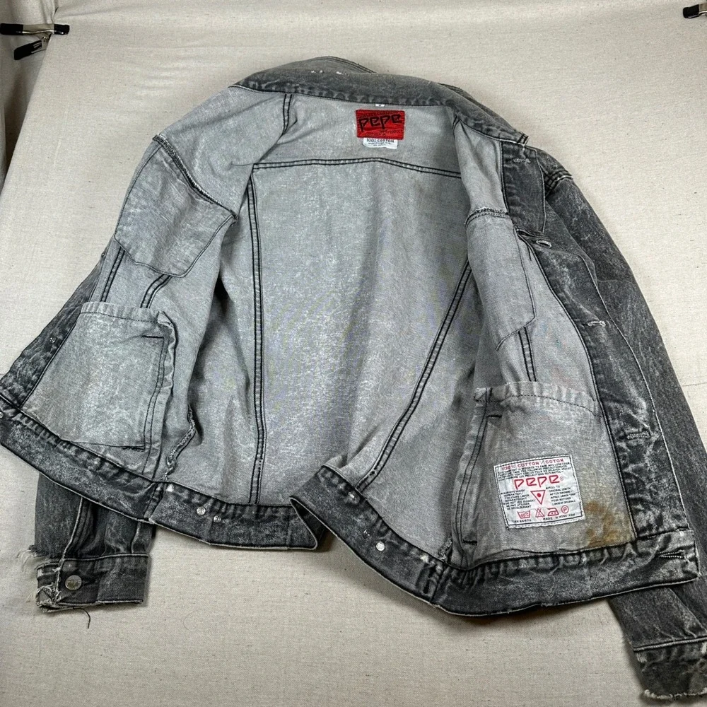 Vintage black Acid Wash Denim Jacket Distressed Trucker grunge 90s Pepe jeans‎